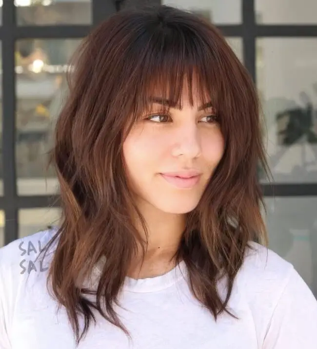 Warm Brown Lob with Face-Framing Bangs