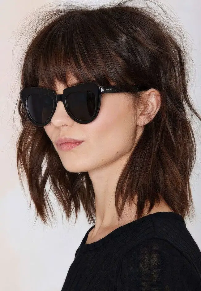 Tousled Dark Brown Bob with Bangs