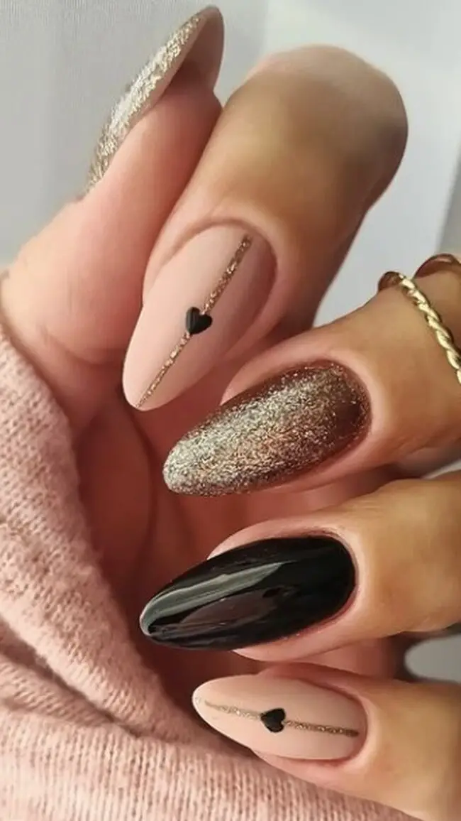 Rose Gold Romance on Black Nails